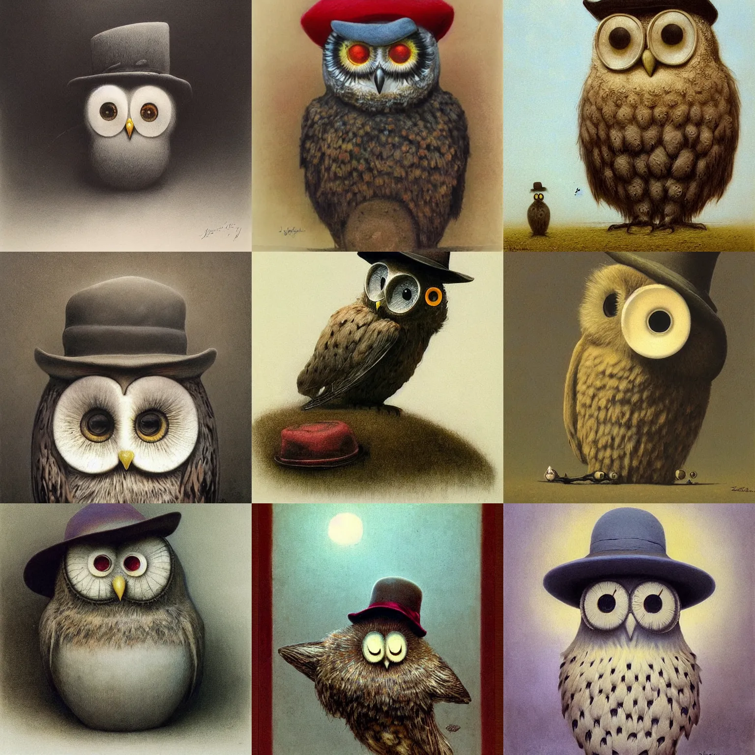 Prompt: ( ( ( shy guy ) ) ) by jean baptiste monge!!!! owl in a bowler hat by zdzisław beksinski