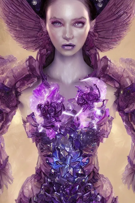Image similar to torso closeup model wearing demonic crystal dress in purple flowers, sorcerer, diamonds, angel, fantasy, dramatic lighting, highly detailed, digital painting, holding electricity, magic the gathering, hyper detailed, 3 d render, hyper realistic detailed portrait, peter mohrbacher, wlop, ruan jia