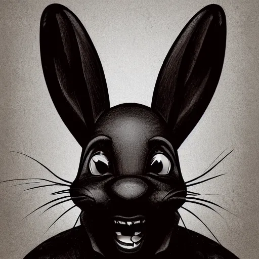 Image similar to A extremely highly detailed majestic hi-res beautiful, highly detailed head and shoulders portrait of a scary terrifying, horrifying, creepy black cartoon rabbit with scary big eyes, earing a shirt laughing in the style of Walt Disney