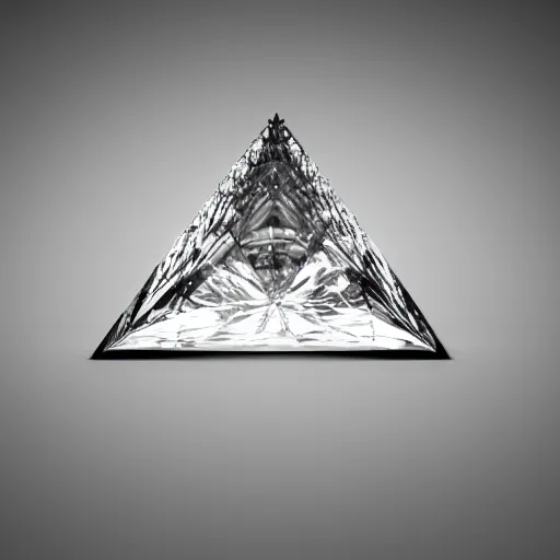 Prompt: A studio photo of a diamond in the shape of a perfect pyramid, realistic, ultra high detail, 8k, studio lighting.