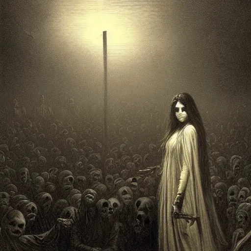 Prompt: dawn of the dead, creepy atmosphere, dark, portrait, realistic, very realistic, illustration by Gustave Doré