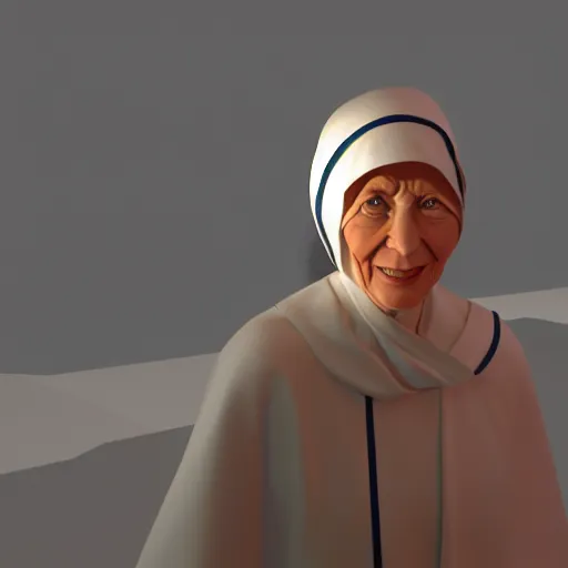 Prompt: pov mother theresa pointing a submachine at the camera, 3d model, hyperrealistic, dynamic shadows, dynamic lighting