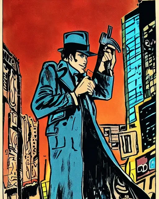 Image similar to detective with revolver, wearing trenchcoat, 1 9 7 0 s nyc, rainy, artwork by frank miller