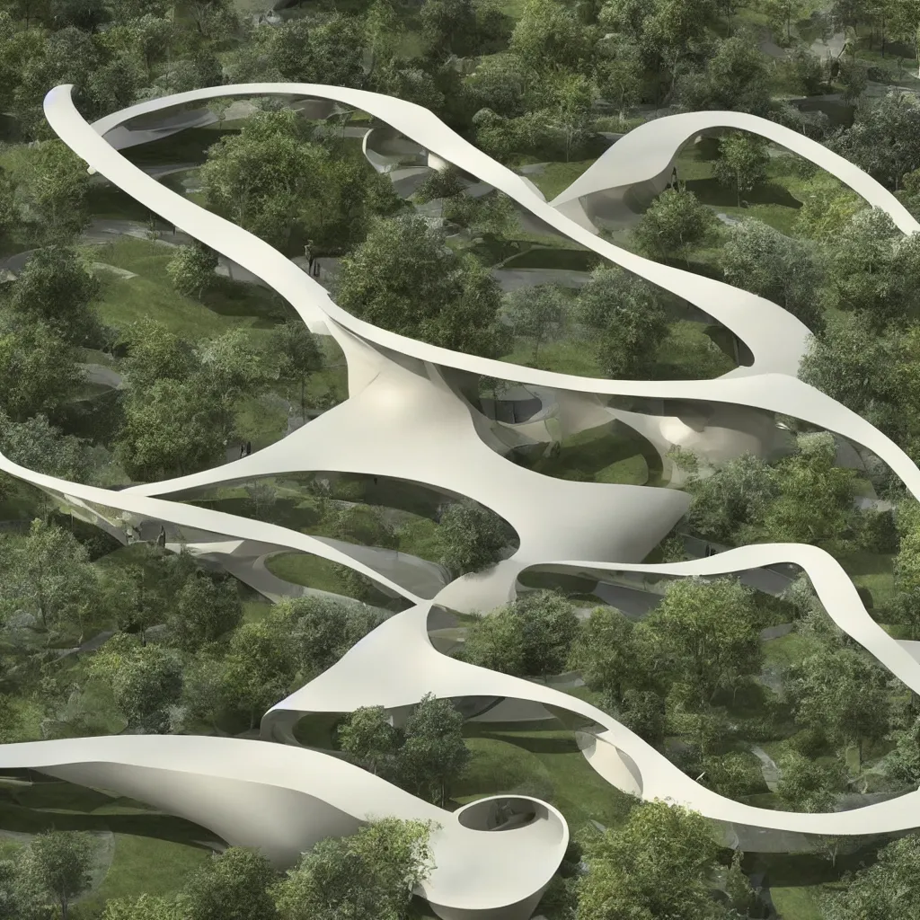 Prompt: “ a incredible smooth curvilinear architectural sculpture, unfolding continuous golden surfaces enclose a visually interesting garden designed by zaha hadid, architecture render ”