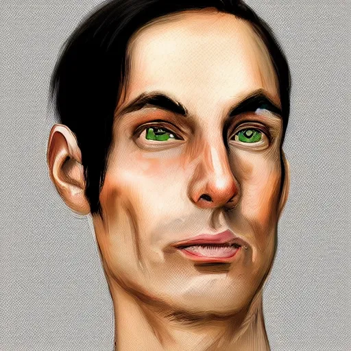 Prompt: a digital portrait of a 37 year old with black hair,hazel green eyes, drawn in the style of mark Arian