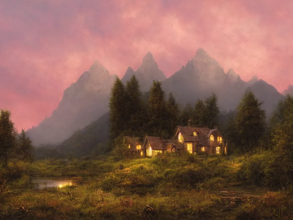 Image similar to a witchhouse with lighted windows in a woodland, mountain in background, evening mood, pink clouds in the sky, by clive madgwick