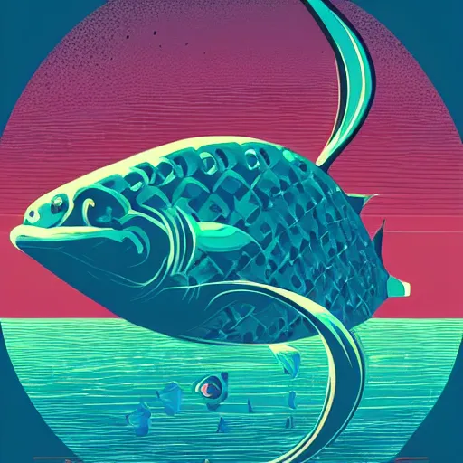 Image similar to one stylized fish in center of view, viewed in profile, dark ocean, complex patterns, artstation, intricate, realistic, highly detailed, digital painting, concept art, sharp focus, illustration by tom whalen and charles williams and kilian eng and james jean