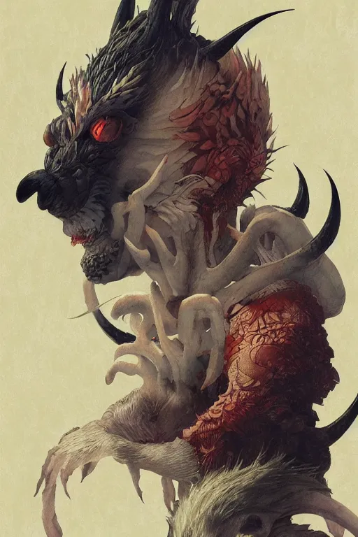 Image similar to a portrait of a japanese devil animal illustrated by miyazaki by karol bak, james jean, tom bagshaw, rococo, sharp focus, trending on artstation, cinematic lighting, hyper realism, octane render, 8 k, hyper detailed, vivid, ultra detailed, highly detailed