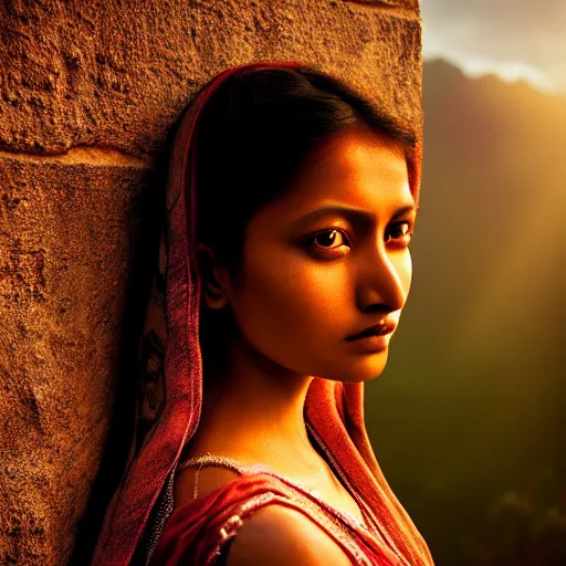 Image similar to photographic portrait of a stunningly beautiful nepalese gothic female in soft dreamy light at sunset, god rays, contemporary fashion shoot, by edward robert hughes, annie leibovitz and steve mccurry, david lazar, jimmy nelsson, breathtaking, 8 k resolution, extremely detailed, beautiful, establishing shot, artistic, hyperrealistic, beautiful face, octane render