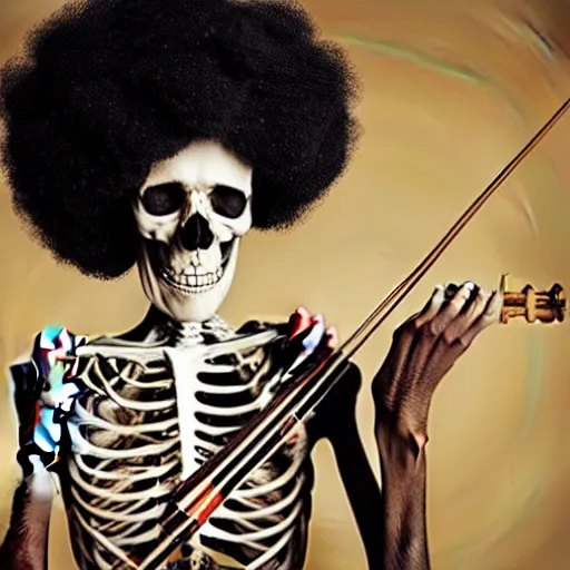 Image similar to portrait photograph, Realistic Skeleton wearing an afro wig and playing the violin