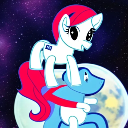 Prompt: a pony like a baby sits on the back of a large astronaut who is on all fours