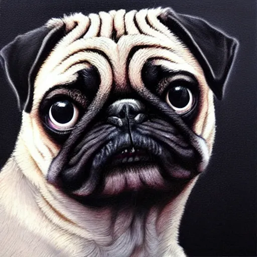 Image similar to oil painting, a pug with gothic emo hair, intricate, masterpiece, artstation, stunning