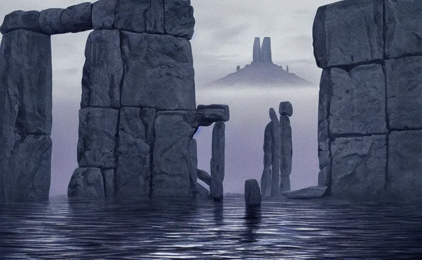 Image similar to hyperrealist painting of the guardians of peace from close encounters of the third kind ( 1 9 7 7 ) in a flooded monument valley stonehenge jungle. 1 9 7 0 s science fiction, moody, misty, depth perception, 4 k, artstation, in the style of studio ghibli