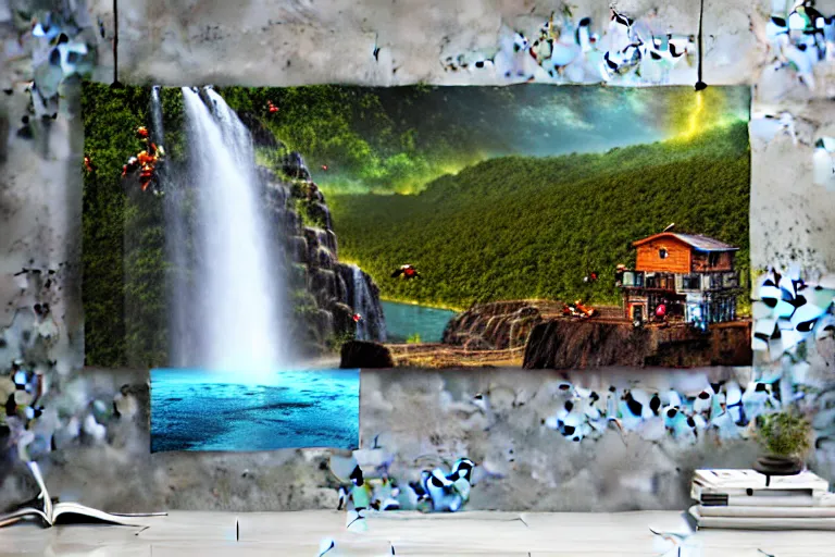 Image similar to waterfall favela honeybee hive, mission environment, lightning, industrial factory, award winning art, epic dreamlike fantasy landscape, ultra realistic,