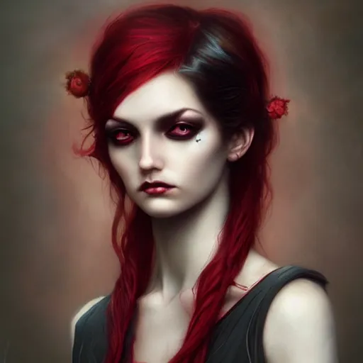 Image similar to princess of darkness, style of tom bagshaw, artgerm, james jean, piercing eyes, long glowing red hair, cinematic, highly detailed, award winning