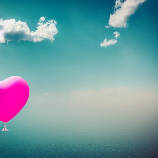 Image similar to a 5 0 mm lens photograph of a cute pink floating modern house, floating in the air between clouds, inspired by the movie up, held up from above by a heart - shaped ballon. mist, playful composition canon, nikon, award winning, photo of the year