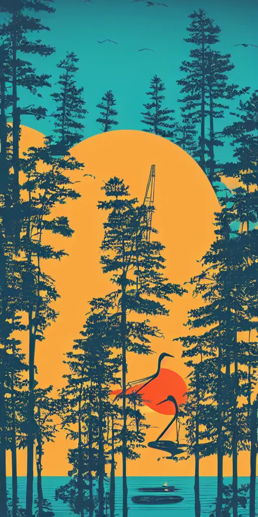 Prompt: a crane and a lake next to a forest of pines, big red sun in the background, logo design, fresh modern look, thick line art, made with photoshop,