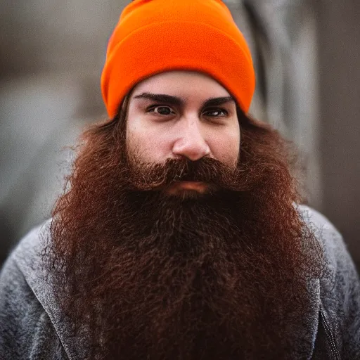Image similar to A bearded wizard with an orange beanie, (EOS 5DS R, ISO100, f/8, 1/125, 84mm, postprocessed, crisp face, facial features)