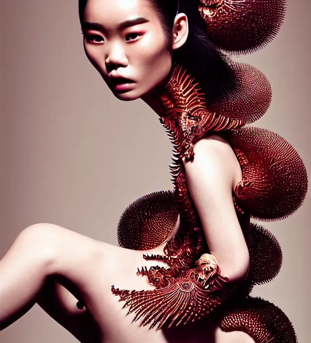 Prompt: photography american portrait of stunning model ming xi. great hair style, half in shadow, natural pose, natural lighing, rim lighting, wearing an ornate stunning sophisticated outfit made of of rigid and fluid well structured parts, created by iris van herpen, with a colorfull newbaroque makeup by benjamin puckey, highly detailed, skin grain detail, photography by paolo roversi