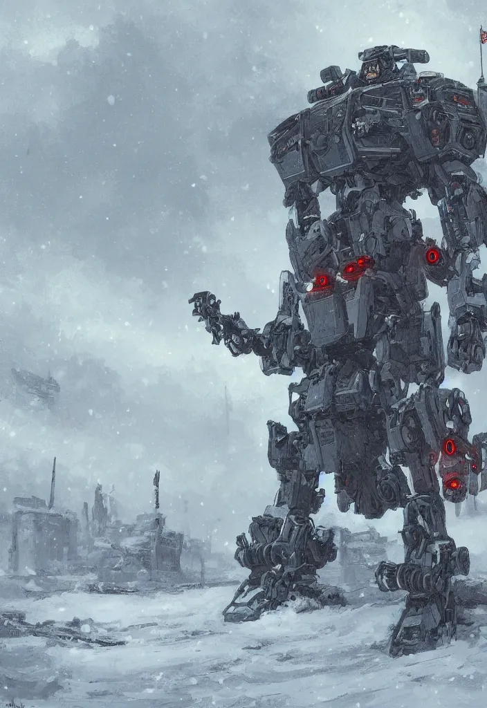 Image similar to Digital Art of a 1914 Mecha in the snow, Rozalski, trending on artstation