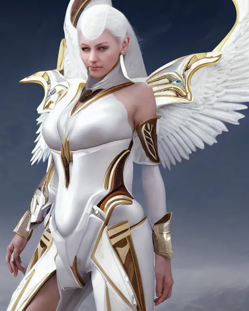 Image similar to perfect white haired egyptian goddess wearing white dove wings, warframe armor, regal, attractive, ornate, sultry, beautiful, charlize theron, half asian, pretty face, blue eyes, detailed, scifi platform, 4 k, ultra realistic, epic lighting, cinematic, masterpiece, art by akihito tsukushi, voidstar, trending on artstation