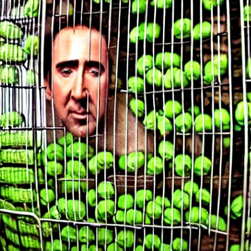 Prompt: nicolas cage trapped in a wicker cage being covered in peas