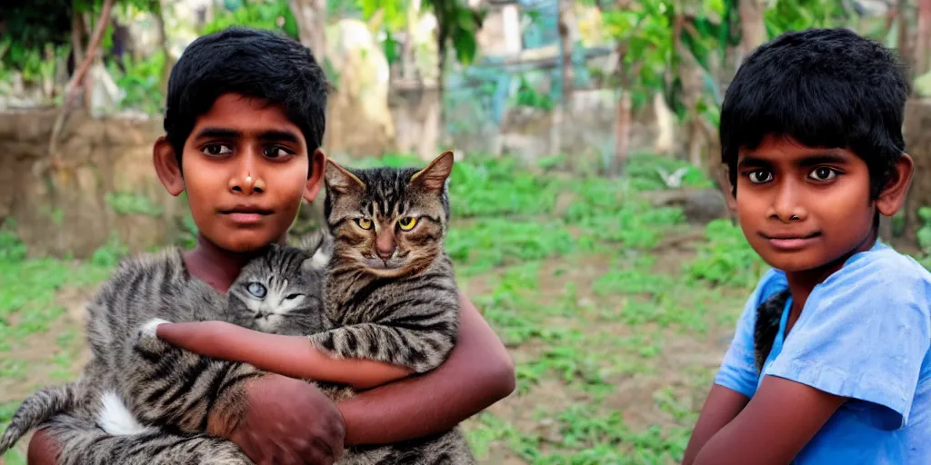 Image similar to sri lankan kid with cat, looking at camera, closeup, drawn by hayao miyazaki