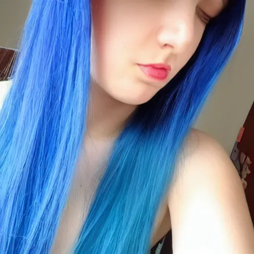 Image similar to shy girl with blue hair, instagram profile picture