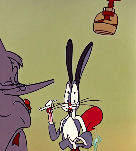 Image similar to red eyes bugs bunny smoking a bong, still from looney tunes