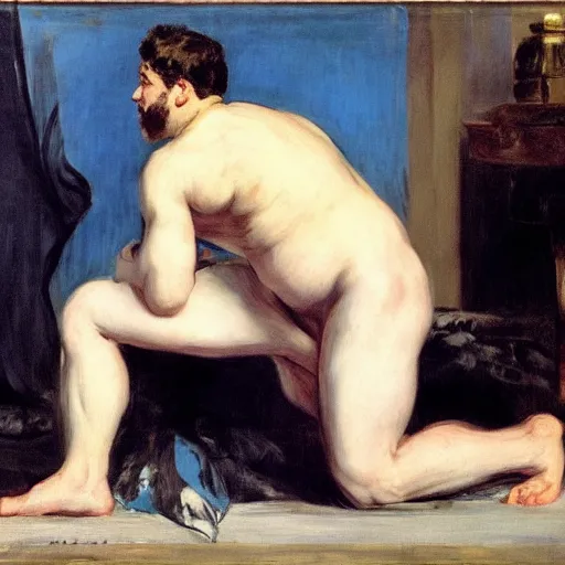 Image similar to Olympia by Édouard Manet, but as a muscular man