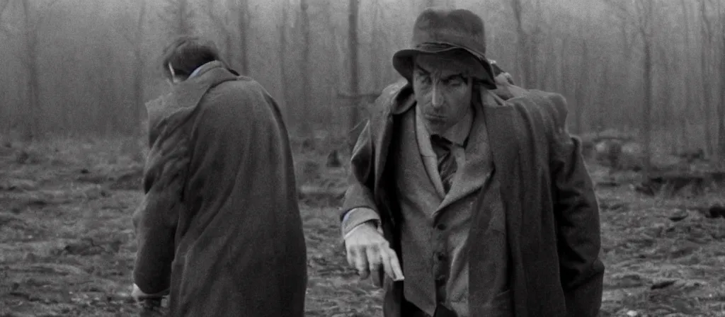 Image similar to A still of Saul Goodman in an Andrei Tarkovsky film, black and white, gloomy