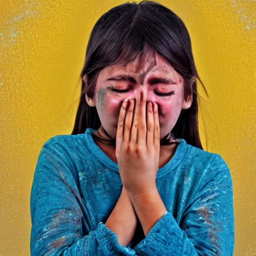 Image similar to crying girl covered by yellow and blue dust