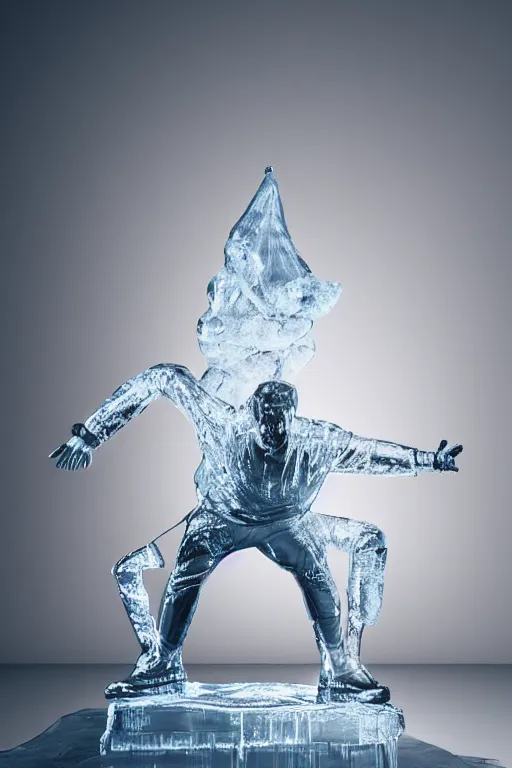 Image similar to transparent ice sculpture of squatting man in tracksuit, shiny, ultra realistic render, 4k, volumetric lighting, highly detailed, studio lighting, octane render, glowng, cold mist