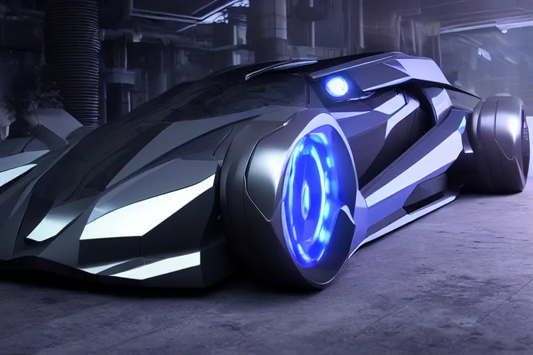 Image similar to cyberpunk batmobile concept inspired sports car, futuristic look, highly detailed body, very expensive, photorealistic camera shot, bright studio setting, studio lighting, crisp quality and light reflections, unreal engine 5 quality render