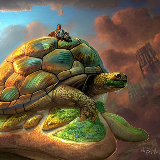 Image similar to a large fantasy town on top of a giant turtle,digital art,detailed