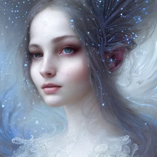 Image similar to Beautiful Delicate Detailed portrait of snow woman, With Magical grey eyes by Tom Bagshaw, Bastien Lecouffe Deharme, Erik Johansson, Amanda Sage, Alex Grey, Alphonse Mucha, Harry Clarke, Josephine Wall and Pino Daeni, Delicate winter frozen creature With long white windy Hair and Magical Sparkling Eyes, Magic Particles; Magic Swirls, 4K; 64 megapixels; 8K resolution concept art; detailed painting; digital illustration; hyperrealism; trending on Artstation; Unreal Engine Photorealistic, lifelike, Unreal Engine, sharp, sharpness, detailed, 8K