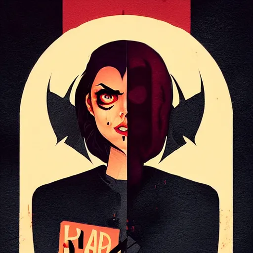 Image similar to Rafael Albuquerque comic cover art, loish, Lois Van Baarle, pretty female Samara Weaving vampire, very sharp fangs blood on face face, sarcastic smile, symmetrical eyes, symmetrical face, brown leather jacket, jeans, long black hair, middle shot, highly saturated, deep blacks