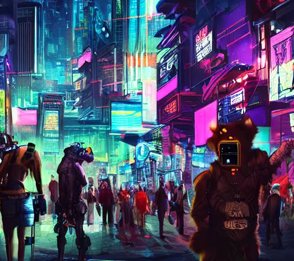 Image similar to high - resolution photograph from a cyberpunk era furry fandom convention ( midwest furfest 2 0 4 7 ), taking place after the genetic revolution and quantum singularity. photorealistic.