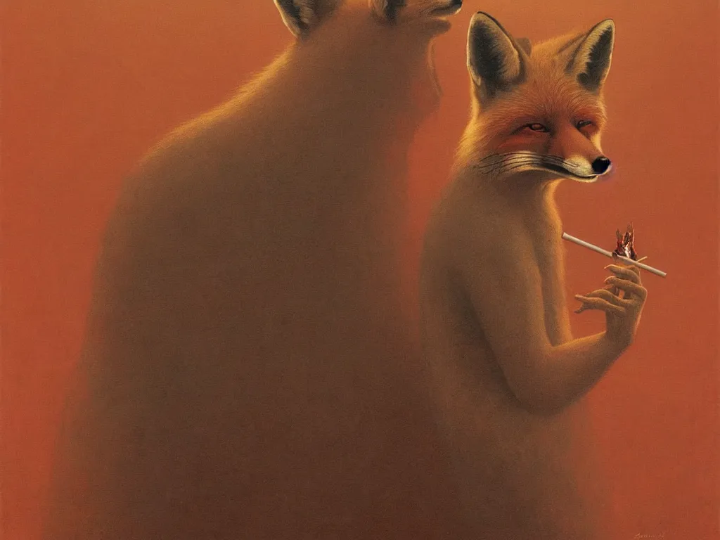 Prompt: an anthropomorphic male red fox fursona smoking a joint, by zdzisław beksinski and greg rutkowski, psychedelic, psychological, surreal, horror, weird, 8 k