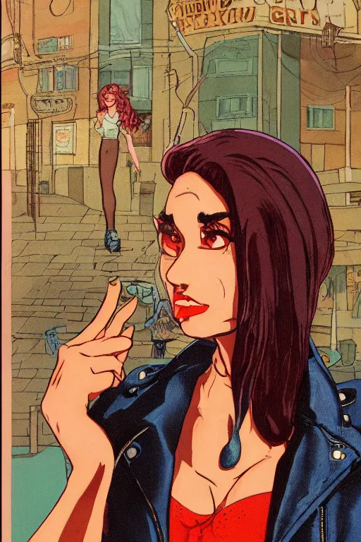 Image similar to portrait of an attractive young female protagonist, center focus, wearing leather jacket, in city street, detailed face, artwork by ralph bakshi