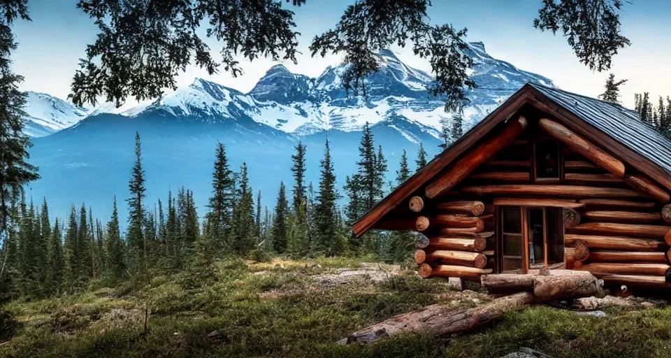 Image similar to an outside look of a log and stone cabin in a taiga with a view of two mountains with a valley in-between, 8k, cinematic, hyper-detailed, imax quality