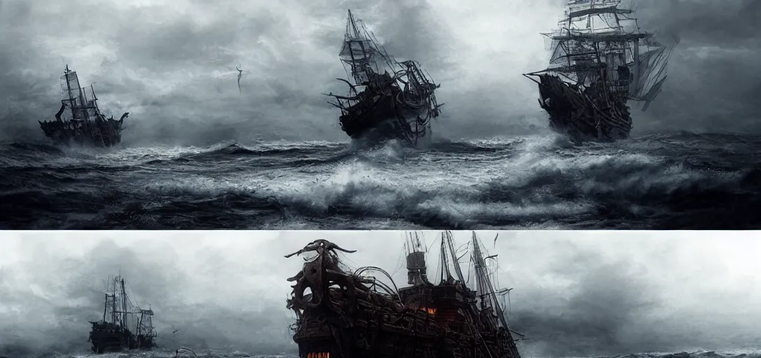 Prompt: wild ocean storm, old wooden pirate ship gets pulled down by giant kraken, appearing from fog, mist, dramatic lighting, cinematic, establishing shot, extremly high detail, foto realistic, pirates of the carribean, cinematic lighting, post processed, concept art, artstation, matte painting, style by eddie mendoza, raphael lacoste, alex ross