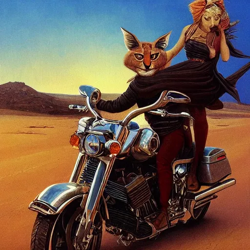 Image similar to a detailed painting of a cute caracal riding a harley davidson motorcycle. movie scene, cinematic scene, sunset, road. by beksinski and carl spitzweg and tuomas korpi. baroque elements. baroque element. intricate artwork by caravaggio. oil painting. award winning. trending on artstation. 8 k