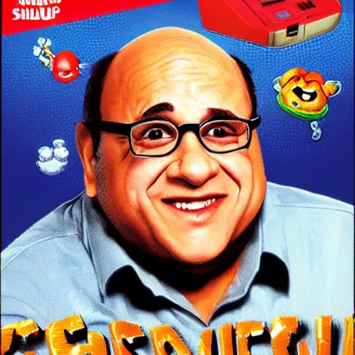 Prompt: Danny Devito Super Nintendo game box art