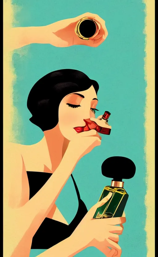 Image similar to illustration with hand holding beautiful bottle of perfume near nose, sniffing the aroma, an art deco painting by tom whalen, trending on behance, art deco, digital illustration, storybook illustration, grainy texture, flat shading, vector art, airbrush, pastel, watercolor, poster