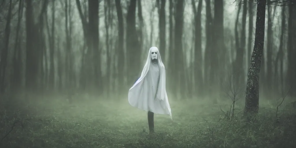 Image similar to a white female ghost in a forest, 35mm, cinematic atmosphere, mist, photorealistic, depth of field, gloomy