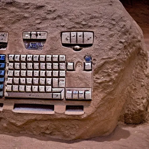 Prompt: petroglyph cave drawing of a commodore 64 computer, photo