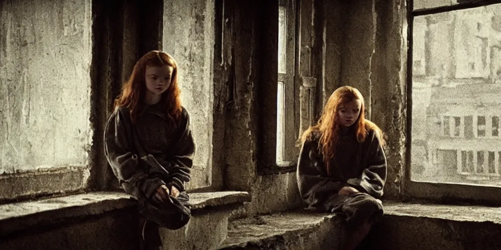 Image similar to at night, sadie sink in hoodie sits on windowsill, knees tucked in. rain falls, old brick wall with ussr propaganda posters : 1 6 mm film, anamorphic, single long shot from schindler's list by steven spielberg. cyberpunk, cinematic atmosphere, detailed and intricate, perfect anatomy