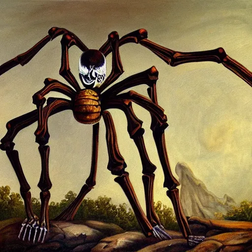 Image similar to a giant spider and a human skeleton, the skeleton is mounting the spider, inside of a cave, oil painting