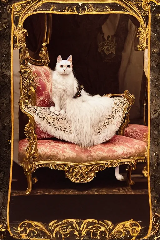 Prompt: tintype photography, portrait of a royal cat in his royal robes, outrageously fluffy, on an embroidered velvet cushion on a neo - rococo gilded little bed, by david lachapelle, photorealistic, photography, wide shot